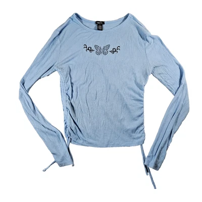 Rue 21 Sz M Y2k Style Blue Rhinestone Butterfly Scrunch Side Long Sleeve Top - Image 1 of 4