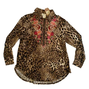 Tru Luxe Jeans Womens Size M Leopard Floral 1/2 Zip Embroidered Tunic Top Blouse - Picture 1 of 18