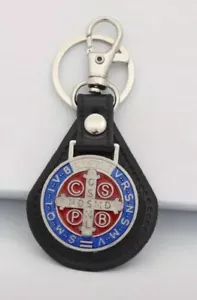 ST BENEDICT Protection Key Chain Key Ring Faux Leather ENAMEL Medal San Benito - Picture 1 of 5