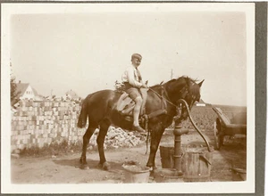 Vintage Snapshot Photo Boy Riding Farm Horse by Old Hand Water Pump Country 99 - Picture 1 of 2