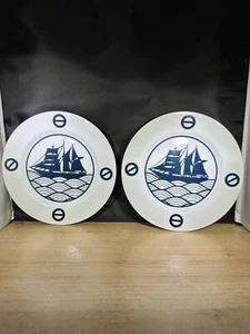 Essentials Nautical Navy Ship Ceramic Salad Plates Set Blue & White From Japan - Picture 1 of 6