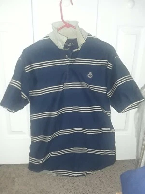  VINTAGE,,REGATTA Horizontal Striped Short Sleeve Blue Button Up men's med Shirt - Image 1 of 4