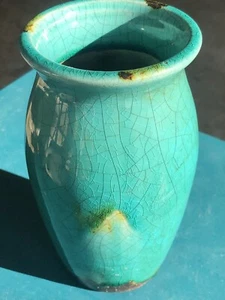 Turquoise GreenCrackled Finish Raku Vase 7 Inch Tall - Picture 1 of 10