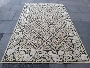 Vintage Hand Made French Design Wool Black Beige Original Aubusson 276X181cm - Picture 1 of 12