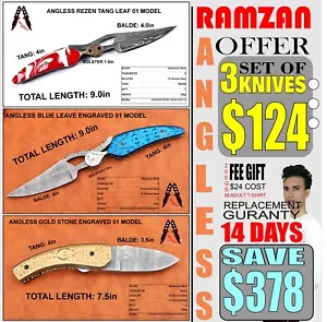 #Angless #Damascus Folding Knife #Set of 3 Knife #Handmade #Lot 3 - Picture 1 of 19