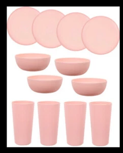 12 platos de cena de plástico Mainstays cuencos y vasos de cereales color rosa rubor - Imagen 1 de 21