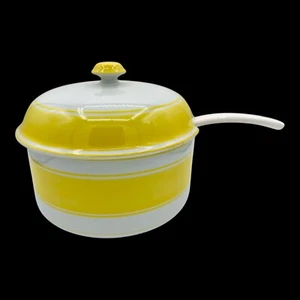 Vtg Mid Century 1975 fitz and floyd Yellow Stripped Soup Tureen Hand Painted EUC - Picture 1 of 4