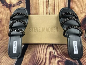 Steve Madden Women’s 7.5 Triple Black Cuban Chains Open Toe Casual Slide Sandals - Picture 1 of 5