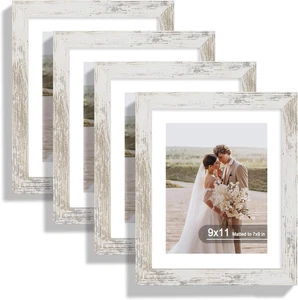 9X11 Picture Frame Set of 4, Made of Real Glass and Distressed White Frame - Dis - Picture 1 of 12