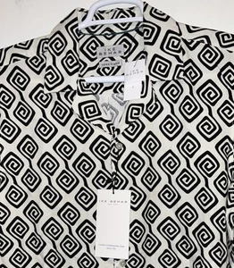 IKE BEHAR BLACK WHITE RETRO 70’s SPIRAL LINEN BLEND UNTUCKED CAMP SHIRT XL NWT - Picture 1 of 15