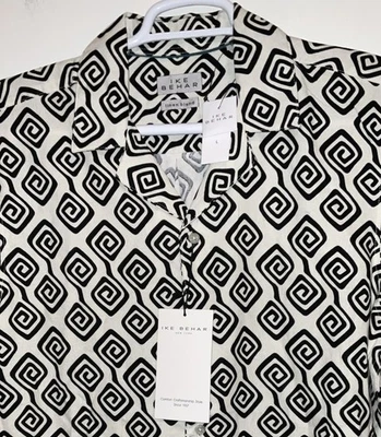 IKE BEHAR BLACK WHITE RETRO 70’s SPIRAL LINEN BLEND UNTUCKED CAMP SHIRT XL NWT - Image 1 of 4