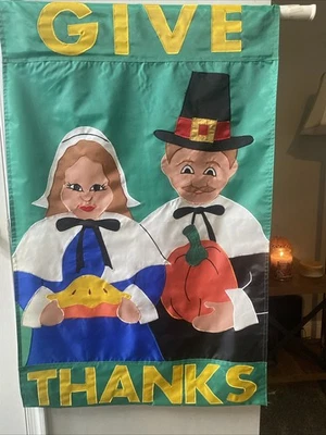 Peregrino de Acción de Gracias 2 Caras Patio Bandera 28” x 43” De colección Da Gracias Otoño Foto 1 de 3