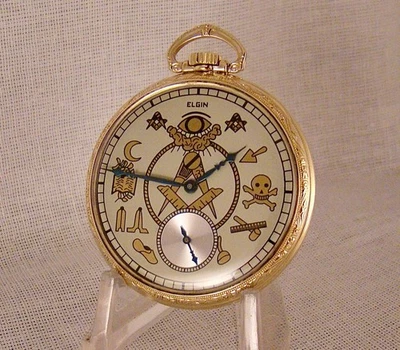 100 YEARS OLD ELGIN 10k GOLD FILLED OPEN FACE MASONIC DIAL POCKET WATCH - Image 1 of 4