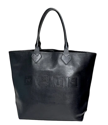 Bolso de Mano John Varvatos Grande de Cuero Negro Cremallera Superior Lino Forrado Cuero Parches Foto 1 de 4