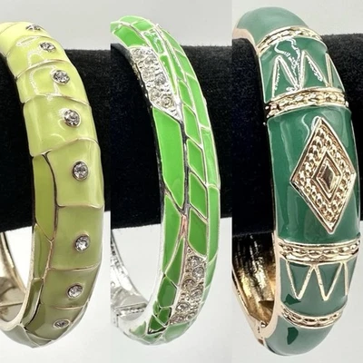 Sequin Enamel Bangle Bracelets Green Rhinestone Crystals Clamper Style Set Of 3 - Image 1 of 4