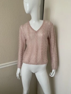 Punto de referencia VINTAGE! Suéter Rosa Pálido Mohair Cuello en V Tejido con Cable Talla M Foto 1 de 4