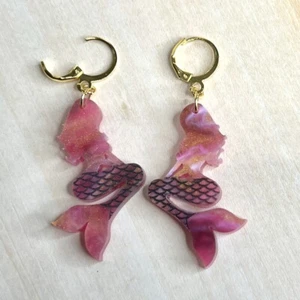 Pearlescent Glitter Mermaid Earrings - Pink And Gold - Lightweight Handmade - Picture 1 of 4