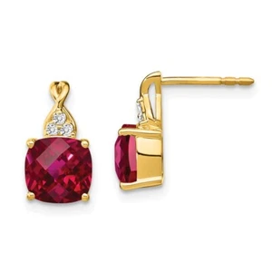 13mm 10k Yellow Gold Checkerboard Lab-Created Ruby and Diamond Earrings - Picture 1 of 5