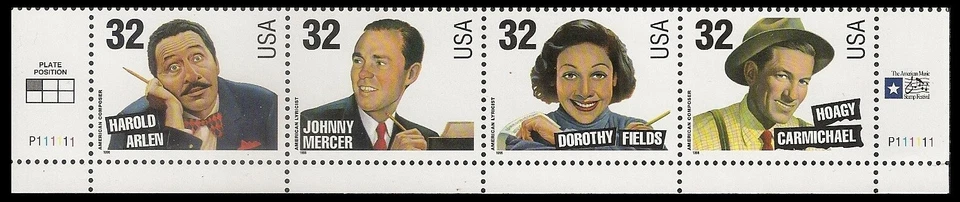 US 3100-3103 3103a Songwriters 32c plate strip 4 L P111111 MNH 1996 - Image 1 of 1