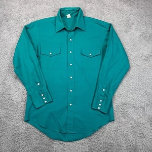 80s Vintage Pearl Snap USA Made Malco Modes Shirt Mens 15.5/33 (M) Teal Western - Picture 1 of 8