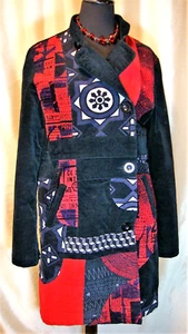 EUC Desigual Rainbow 46/L Black Red Cotton Velvet Geometric Lined Coat - Picture 1 of 5