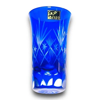 Taza de vidrio japonesa Edo Kiriko corte cristalino azul índigo artesanía bohemia K4 Foto 1 de 4