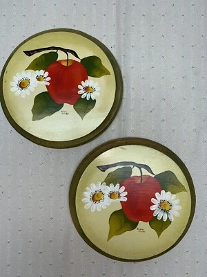 Vintage Hand Painted Wooden Plaques Apples Country Farmhouse  6” Homespun - Image 1 of 4