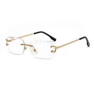 Men's Vintage Gold Frame Diamond Cut Clear Lens Rimless Hip Hop Luxury Glasses - Picture 1 of 4