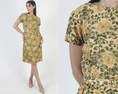 Vintage 50s Belted Wiggle Dress Garden Floral Pin Up Rockabilly Retro MCM Skirt - Image 1 of 4