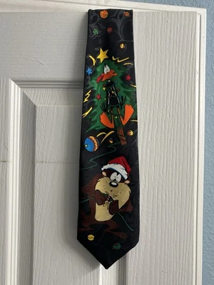 Винтажный мужской галстук 1995 Looney Tunes Mania CHRISTMAS Taz & Daffy Duck черный - Изображение 1 из 4