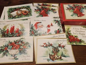 Vintage MCM Box 11 Christmas Cards Santa Claus Bells Deer Candles Unused - Picture 1 of 9