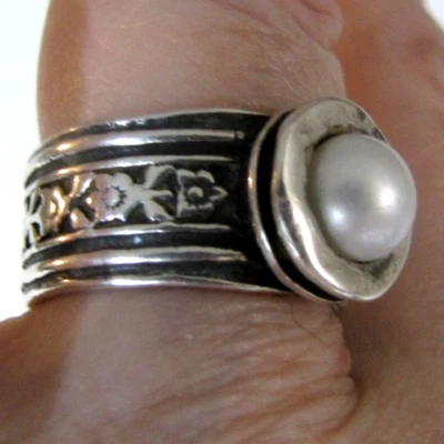 Anillo de perlas artesanal vintage de plata de ley de DIDAE siglo XX Studio Israel Foto 1 de 4