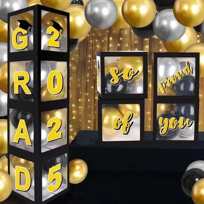 Decoraciones de fiesta de graduación negras y doradas clase de 2025 cajas de globos graduados... Foto 1 de 4