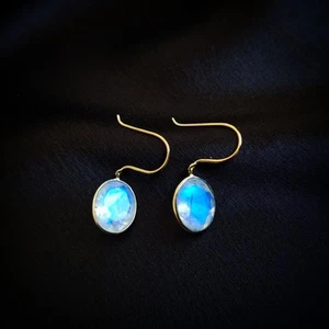 6.25 Ct Natural Rainbow Moonstone Earrings 14K Gold Dainty June Birthstone - Picture 1 of 7
