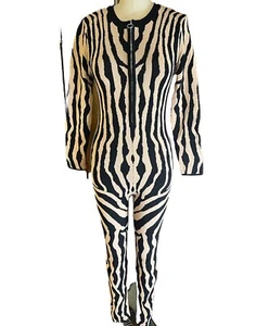 Women's Knit Zebra-Print Long sleeve Jumpsuit Black And Tan Abstract Sz L - Picture 1 of 6