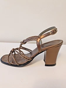 YVES SAINT LAURENT YSL BRONZE LEATHER SANDALS BRAIDED STRAPPY HEELS 6 M IN BOX - Picture 1 of 7