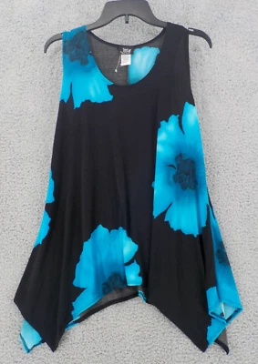JOSTAR SLEEVELESS TUNIC TANK TOP SZ L BLACK BLUE HIBISCUS POINT HEM SPANDEX KNIT - Image 1 of 4