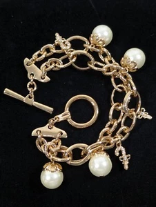 Christmas Candy Cane Charm Bracelet Gold Tone Faux Pearl Double Chain 8 inch - Picture 1 of 7