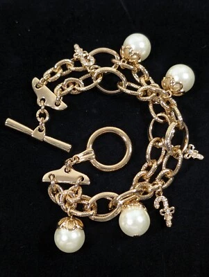 Christmas Candy Cane Charm Bracelet Gold Tone Faux Pearl Double Chain 8 inch - Image 1 of 4