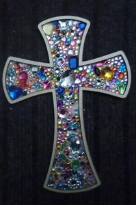 GEMMED WOODEN CRUCIFIX CROSS handmade Wall Decor See Pics Nice 22.5x16.5x0.5cm - Picture 1 of 5