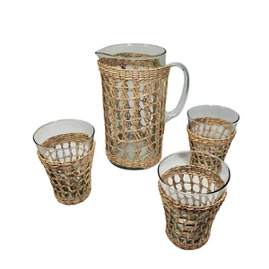 4/Set VTG Glass Pitcher w/Tumbler Woven Wicker Sleeve Case Barware Drinkware - Picture 1 of 8