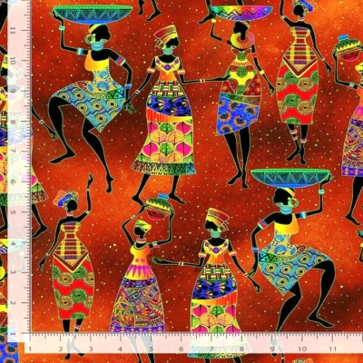 KENTA-CM2040 RUST AFRICAN WOMEN DANCE Metallic Timeless Durable cotton Fabric