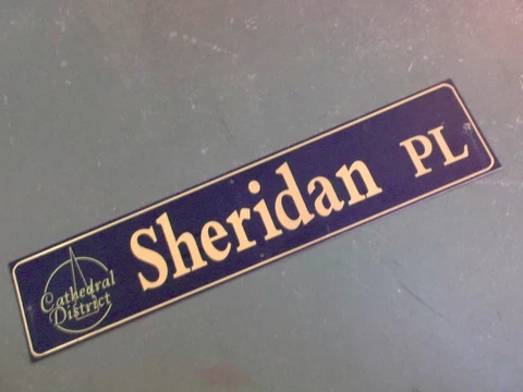 Vintage SHERIDAN PL Cathedral District Street Sign 42" X 9" -GOLD on NAVY Ground Cover
