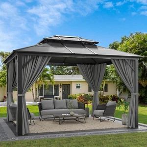 10'X12' Hardtop Gazebo,Outdoor Canopy Aluminum Frame Garden w/Netting & Curtains - Picture 1 of 14