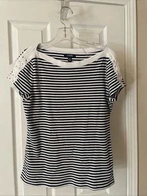 Hermosa Blusa Top Chaps Sport Pull Over Blanco Azul Rayas Talla L Foto 1 de 3