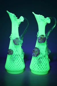 Pair of Victorian Vaseline - Uranium Glass Water Pitchers Jugs Applied Flowers - Picture 1 of 24