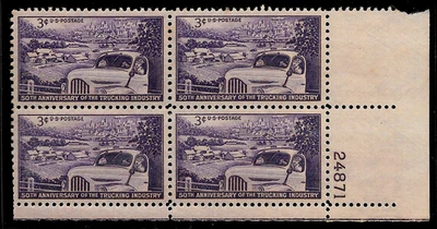 TRUCKING INDUSTRY 50 YRS US #1025 TRUCK FARM TO A CITY MVF 3c STAMP PLATE BLOCK - Image 1 of 2