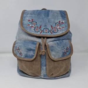 Embroidered Floral Denim/Faux Suede Backpack Blue/Brown Adjustable Straps - Picture 1 of 10
