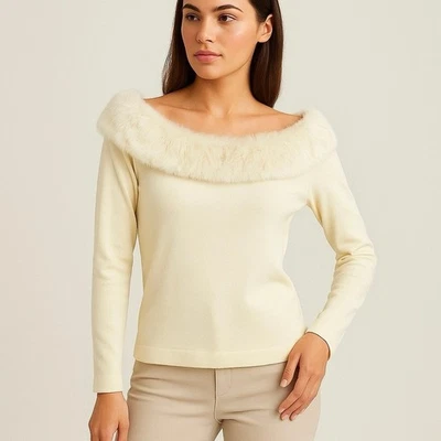 Suéter tejido con hombros descubiertos talla XL de colección piel sintética de conejo marfil blanco crema Foto 1 de 4