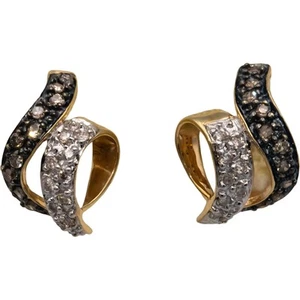 14k Yellow Gold 0.33CT White and Brown Diamond Ribbon Stud Earrings - Picture 1 of 3